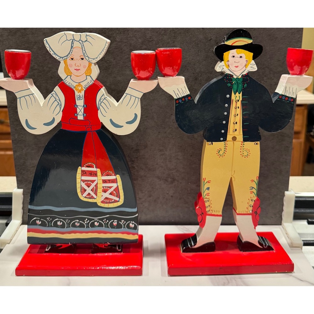 Vintage IKEA Lizzie Velander Swedish Folk Art Wood Candle Holders Set READ DESC